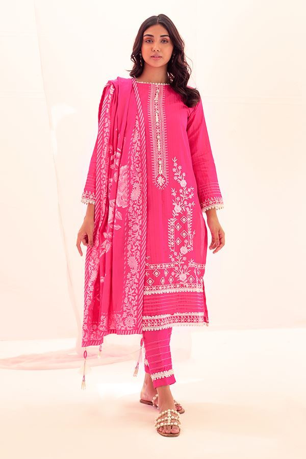 Radical pink color embroidered 3-piece unstitched summer jacquard suit
