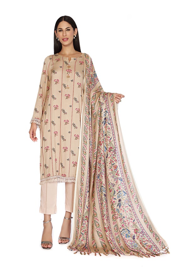 Beige Color Stylish 3-Piece Unstitched Linen Suit